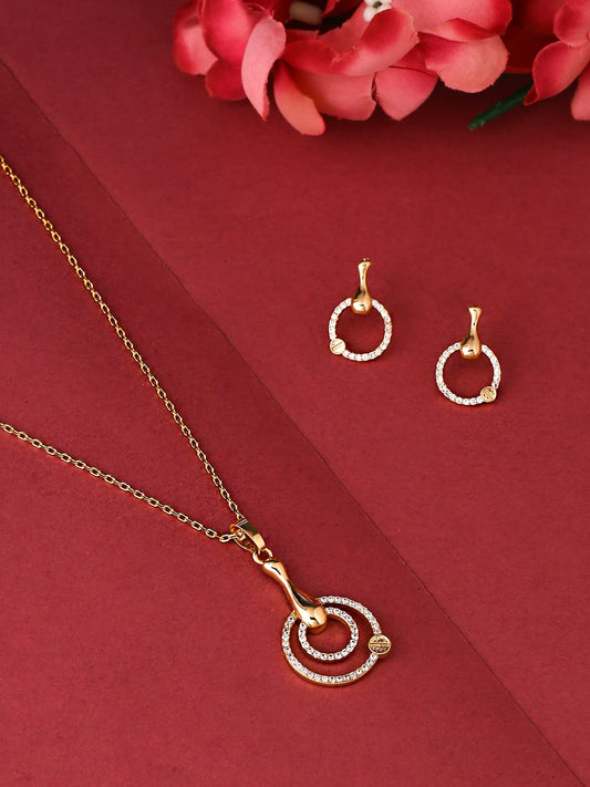 Yellow Chimes Pendant Set for Women Gold Plated Crystal Studded Circle Charm Designed Pendant Necklace Set with Earrings for Women and Girls