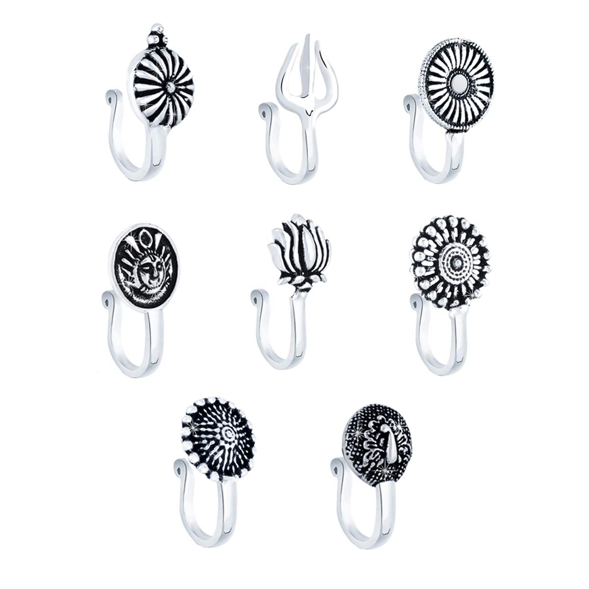 Yellow Chimes Traditional Silver Oxidised Nose Pin Without Piercing Floral Shaped