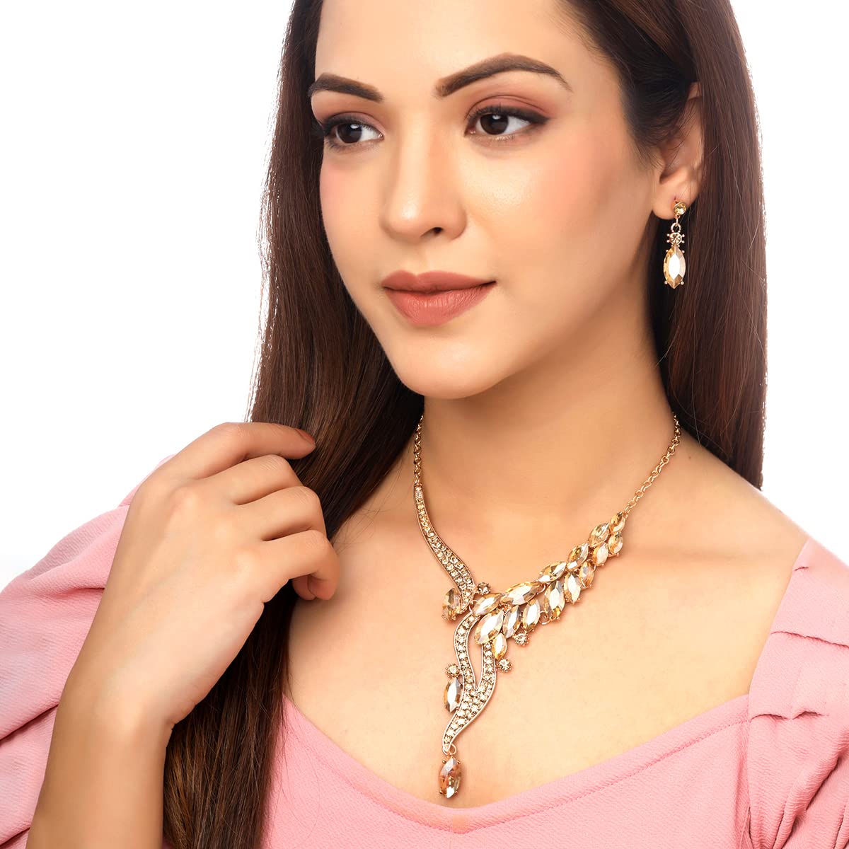 Yellow Chimes Jewellery Set For Women Gold Toned Crystal Designed Necklace Set With Earring For Women and Girls