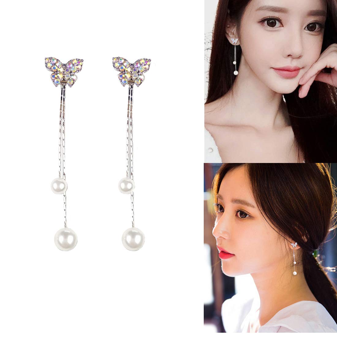 Yellow Chimes Earrings for Women & Girls | Butterfly Shaped Long Danglers & Pearl Drop Earrings Combo | Fashion White Stone Crystal Dangler | Birthday & Anniversary Gift For Women