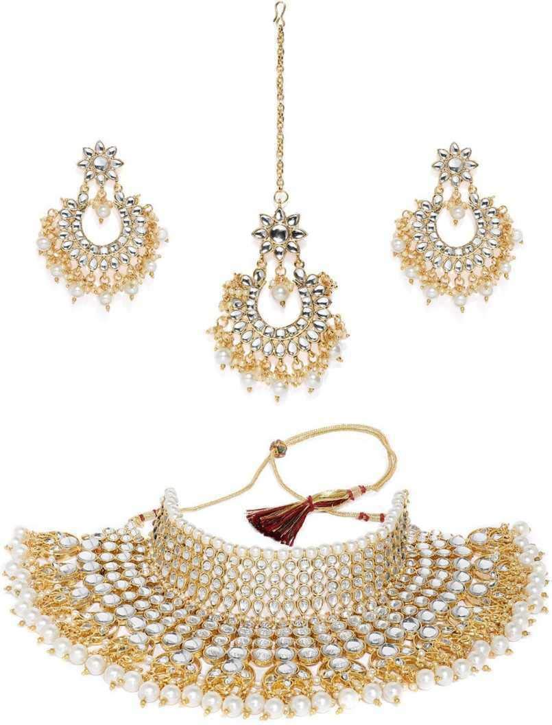 Yellow Chimes Kundan Bridal Jewellery Set Gold Plated White Choker Necklace Set for Women & Girls