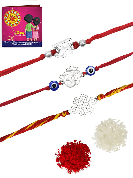 Yellow Chimes Combo of 3 Pcs Handmade Dori Worked Silver Toned OM Initial Letter A and Celtic Design Evil Eye Beads Rakhi for Brother with Roli & Chawal, Red, Silver, Medium (YCTJRK-32BHAY-SL)