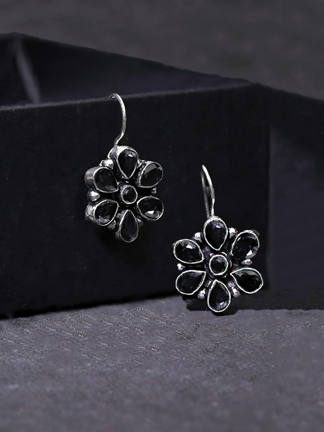 Yellow Chimes Oxidised Drop Earrings for Women Silver Oxidised Handmand Floral Charm Studded Black Stone Drop Earrings Women And Girls.