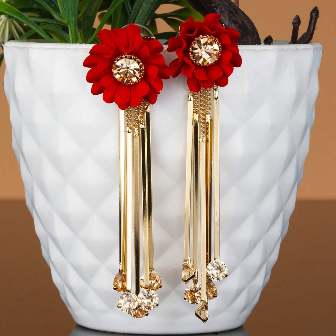 Yellow Chimes Earrings for Women and Girls | Fashion Red Crystal Dangler Earring | Gold Plated Dangler | Floral Shaped Western Long Danglers Earrings | Accessories Jewellery for Women | Birthday Gift for Girls and Women Anniversary Gift for Wife