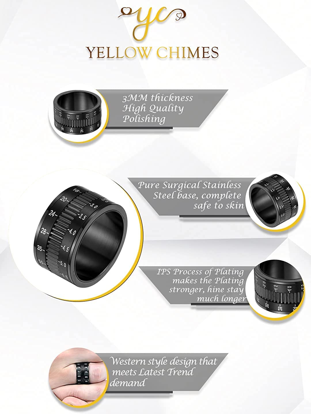 Yellow Chimes Rings for Men Black Spinner Ring Stainless Steel Camera Lens Design Revolving Band Ring for Men and Boys. (8)