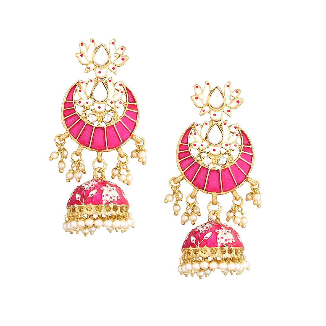 Kairangi Jhumka Earrings for Women Gold Plated Traditional Pink Meenakari Lotus Chandbali Jhumka Earrings for Women and Girls