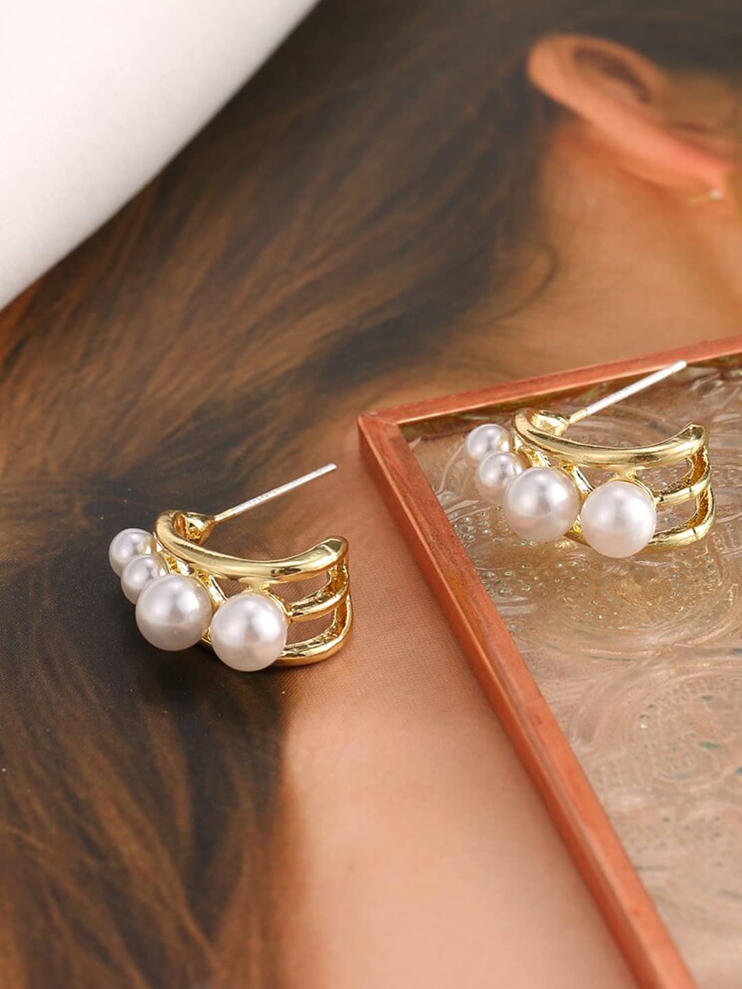 Yellow Chimes Earrings for Women and Girls Fashion Hoops for Girls | Gold Tone Pearl Studded Half Hoop Earrings | Birthday Gift for girls and women Anniversary Gift for Wife