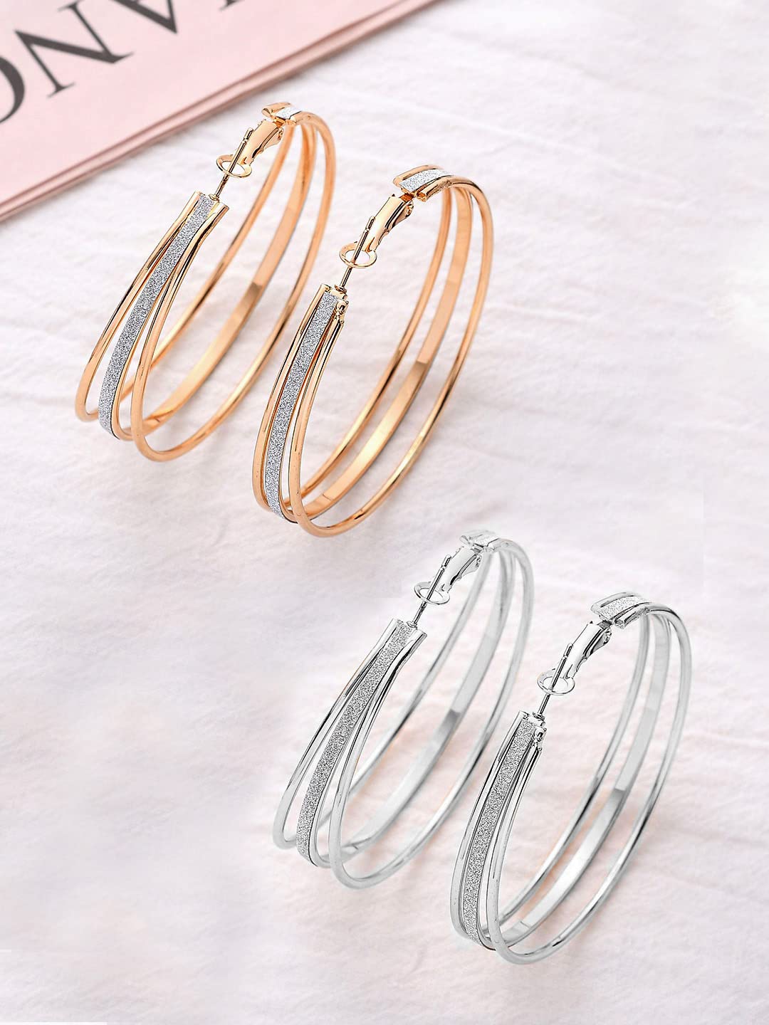 Yellow Chimes Earrings for Women and Girls Fashion Silver Gold Hoop Earrings | Combo of 2 Pairs Textured Hoops Earrings | Birthday Gift for Girls & Women Anniversary Gift for Wife