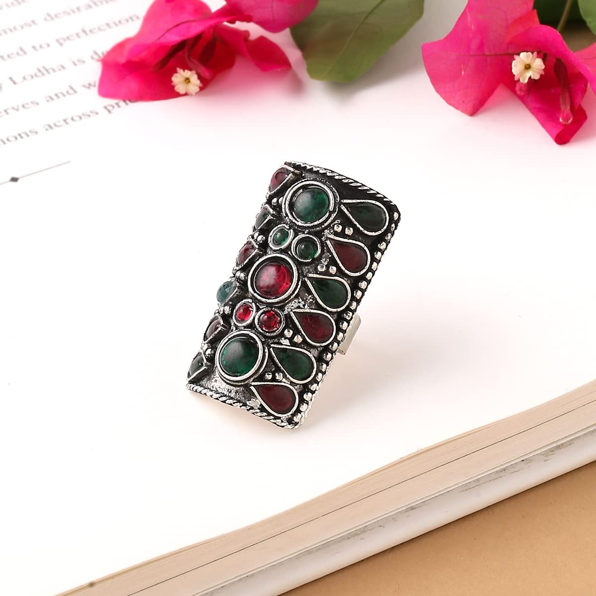 Yellow Chimes Rings For Women Silver Oxidised Multicolor Stoned Studded Long Cylindrical Shape Ring For Women and Girls