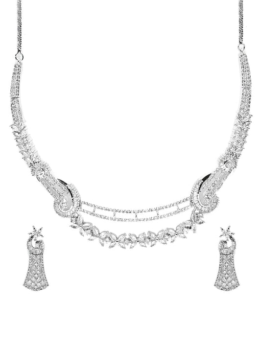 Yellow Chimes Jewellery Set for Women and Girls Traditional White American Diamond Jewellery Set | Rhodium Plated AD Choker Necklace Set for Women | Birthday Gift for girls and women Anniversary Gift for Wife