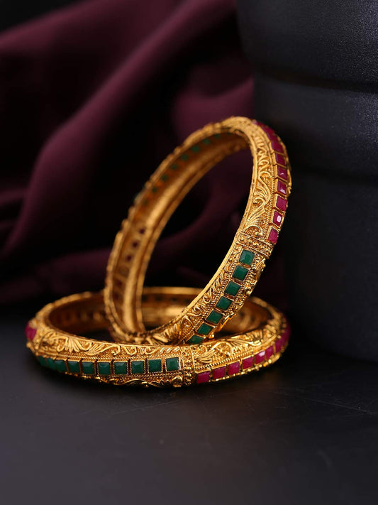 Yellow Chimes Classic Design Studded Stones 2 PCs Traditional Gold Plated Bracelet Bangles Set for Women and Girls (2.8)