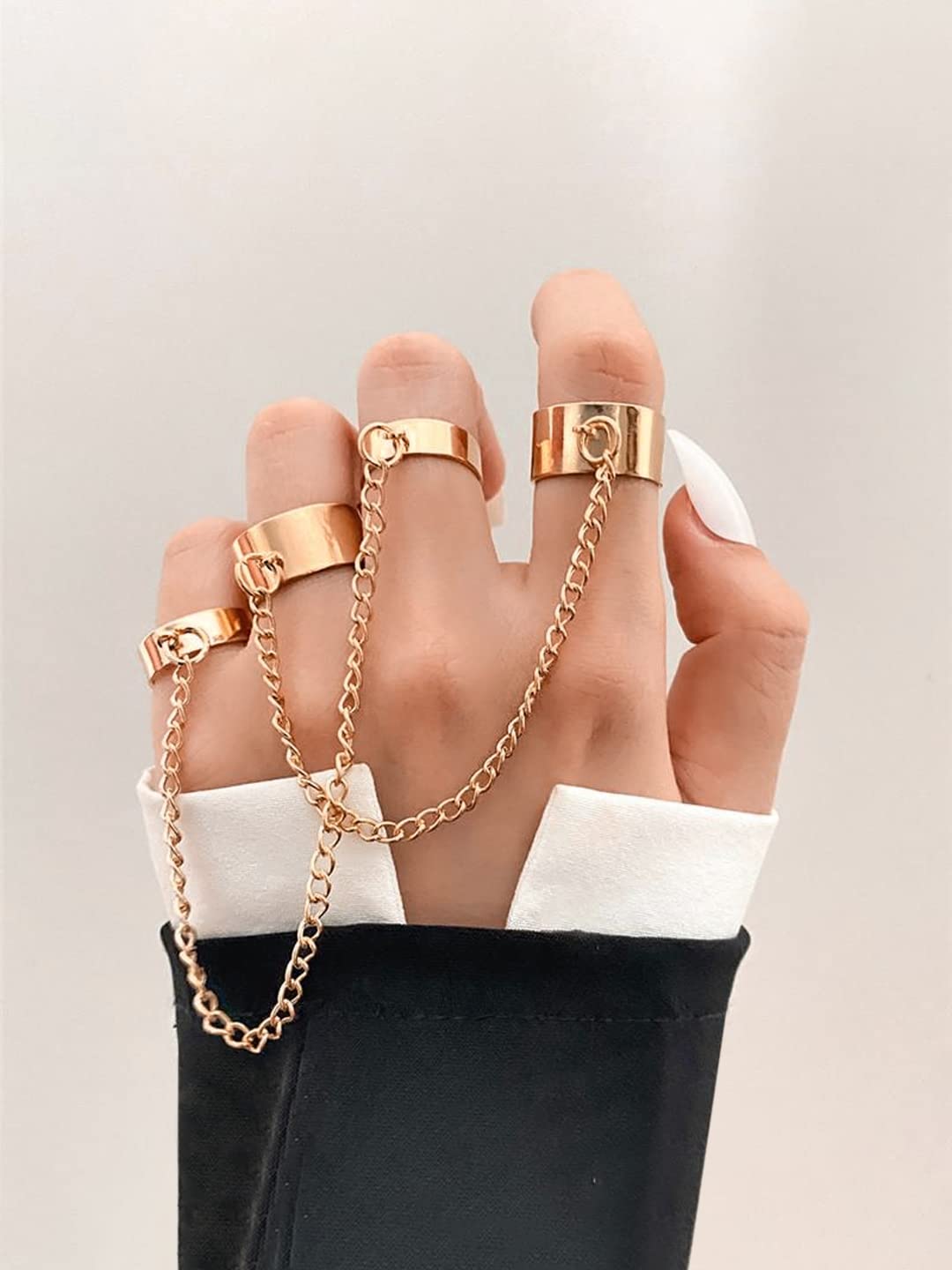 Yellow Chimes Rings for Women and Girls Chain Finger Rings | Adjustable 4 Pieces Silver Gold Punk Chain Finger Rings Four Fingers Open Ring | Birthday Gift For Girls and Women