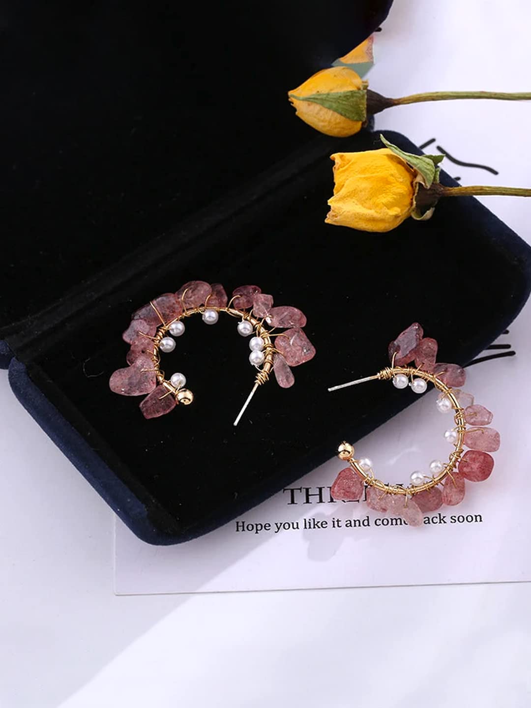 Yellow Chimes Earrings For Women Gold Tone Pink and White Stone Studded Round Half Bali Clip On Hoop Earrings For Women and Girls