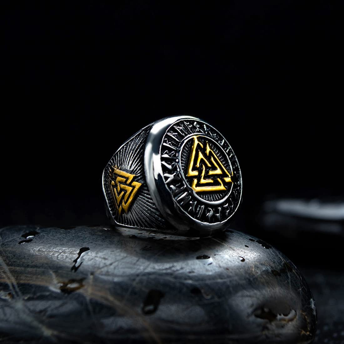 Yellow Chimes Rings for Men Stainless Steel Valknut Ring with Rune Circle Odin Symbol Band Finger Ring for Men and Boys.