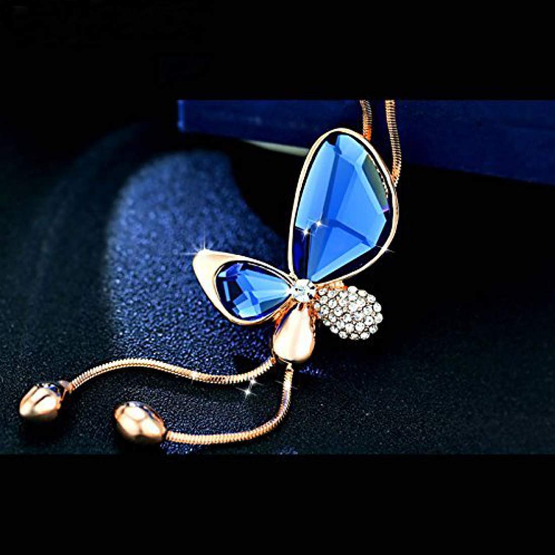Yellow Chimes Long Chain Pendant Necklace for Women Blue Crystal Butterfly 18K Rose Gold Long Chain Necklace for Women and Girls.