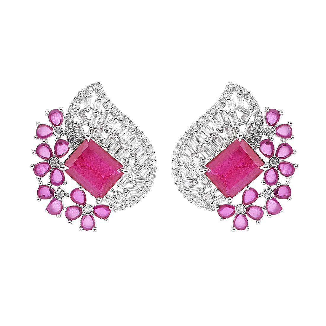 Yellow Chimes Classic AD/American Diamond Studded White Rhodium Plated Pink Flower Stud Earrings for Women and Girls, Medium