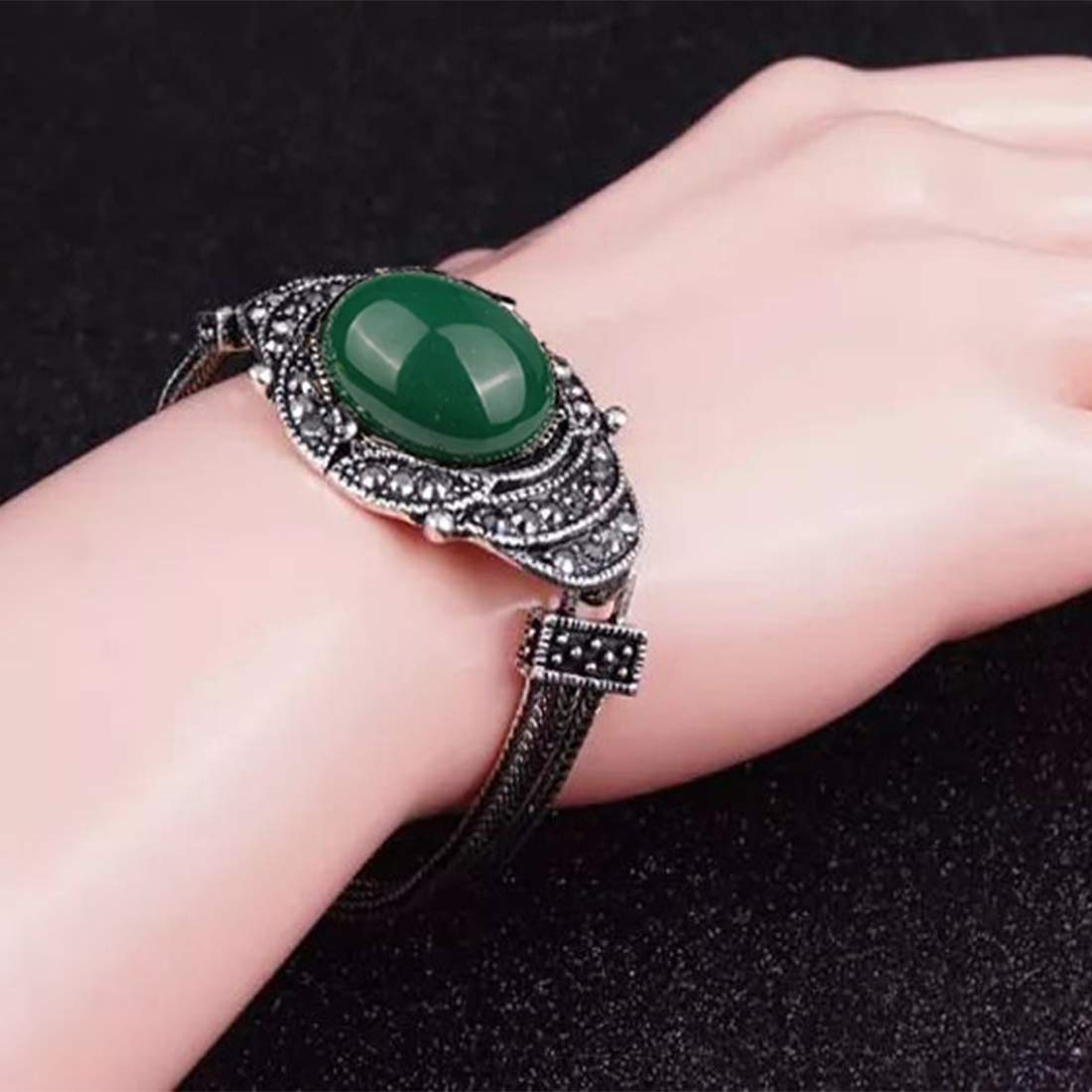 Yellow Chimes Exquisite Oxidized Silver Retro Look Vintage Bohemian Green Crystal Antique Bracelet for Women and Girls