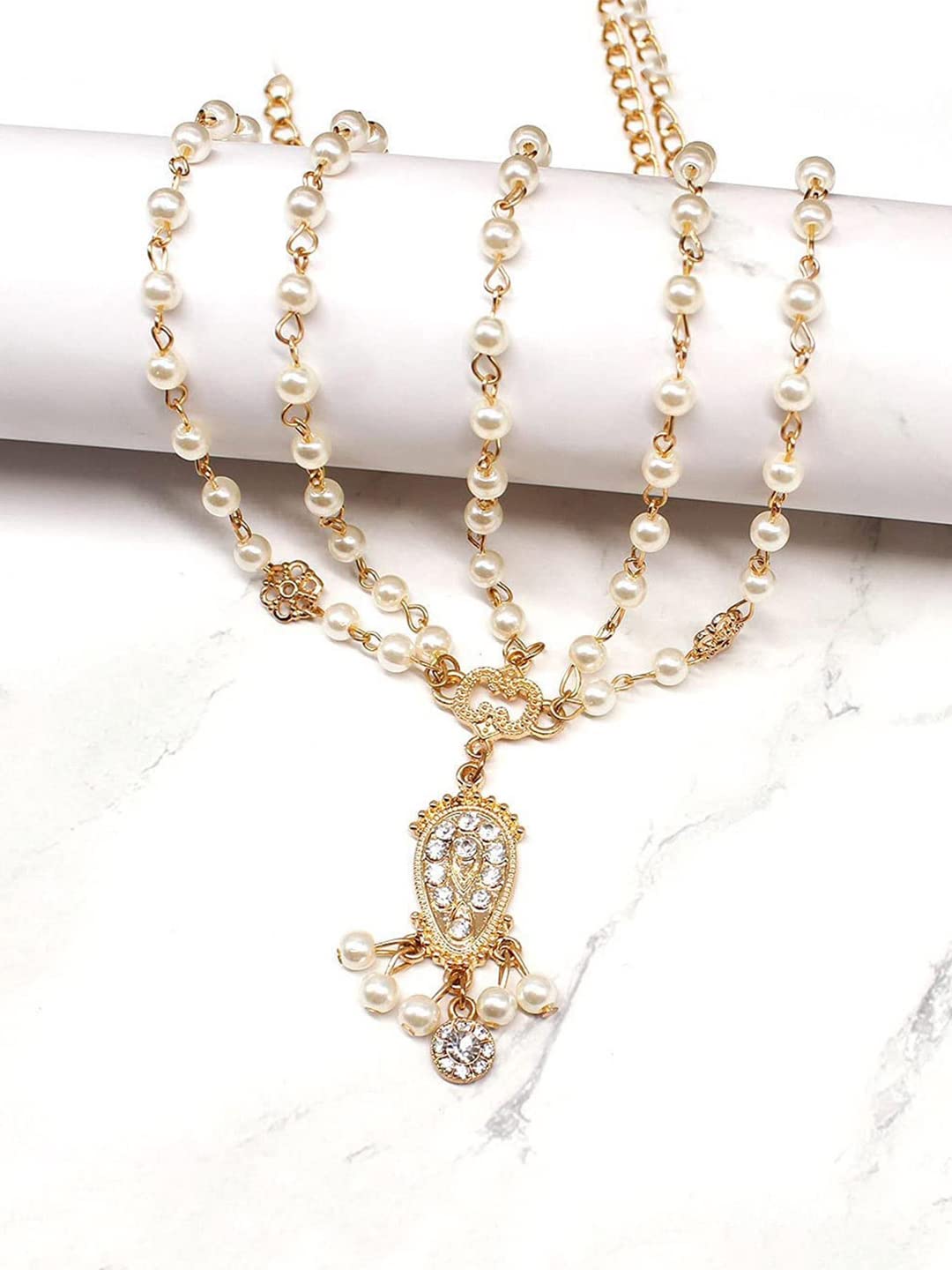 Yellow Chimes Head Chain For Women Gold Toned Multilayer Pearl Studded Charm Head Chain For Women and Girls