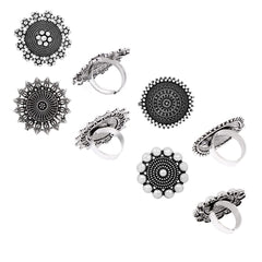 Yellow Chimes Women's Traditional Silver Floral Shaped Adjustable Oxidised Finger Rings Set Combo