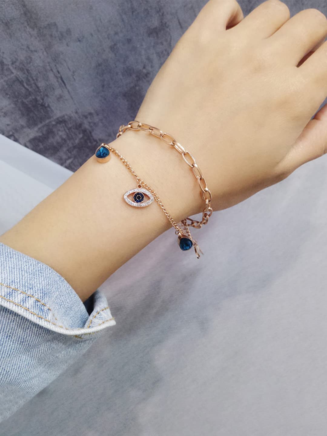 Yellow Chimes Evil Eye Bracelet for Women Rose Gold-Plated Crystal Studded Link Chain Charm Bracelet For Women and Girls