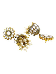 Yellow Chimes Ethnic Gold Plated Flower Design Traditional Stone White Beads Jhumka Earrings for Women and Girls, Medium (YCTJER-88STFLWJH-GL)