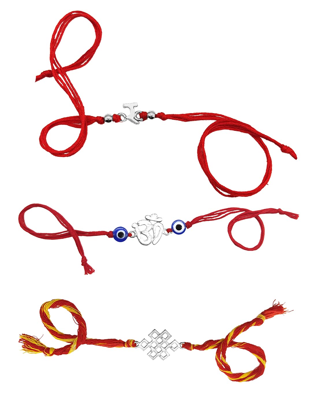 Yellow Chimes Combo of 3 Pcs Handmade Dori Worked Silver Toned OM Initial Letter R and Celtic Design Evil Eye Beads Rakhi for Brother with Roli & Chawal, Red, Silver, Medium (YCTJRK-30BHAY-SL)