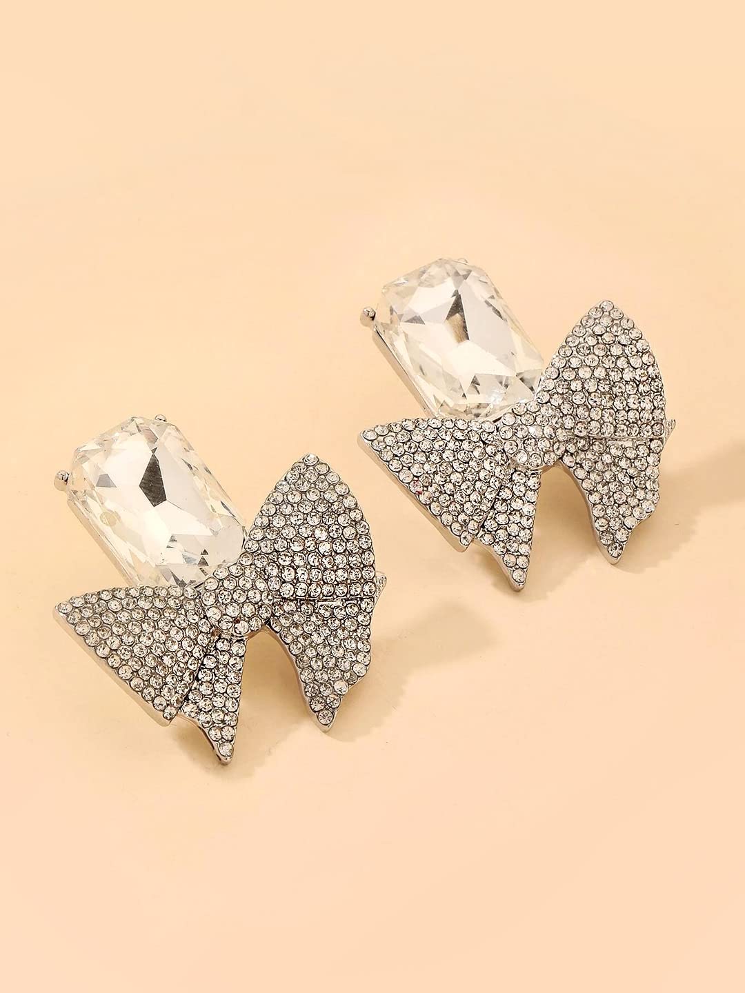 Yellow Chimes Earrings For Women Silver Tone Crystal Studded Bow Knot Shape Stud Earrings For Women and Girls