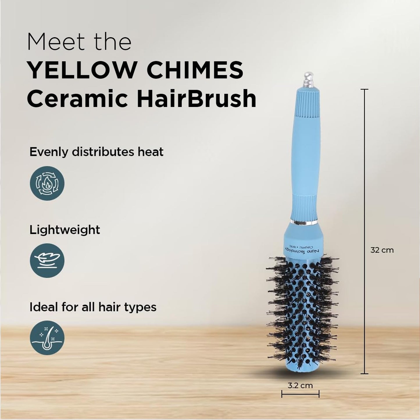 Yellow Chimes Hair Brush with Ion-Infused Thermal Ceramic Technology, Anti-Static Boar Bristles, Additional Styling Tip, Adds Volume and Shine, Blow Drying, Straightening, Curling Round Brush