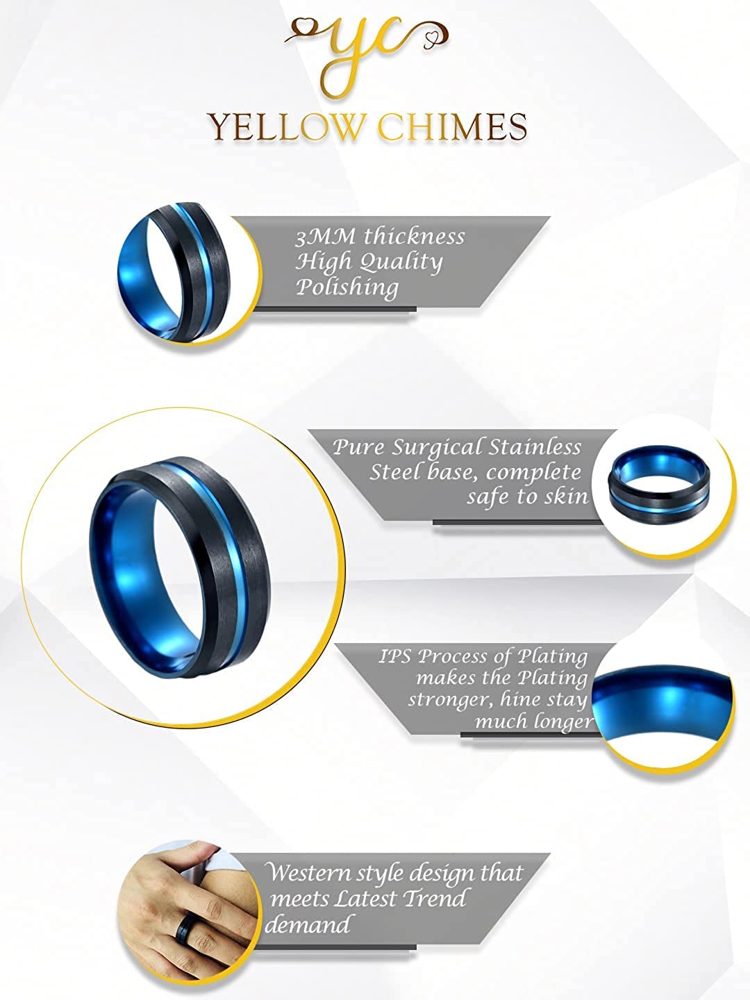 Yellow Chimes Rings for Men Stainless Steel Ring Dual Tone Smooth Finish Stainless Steel Band Ring for Men and Boys.