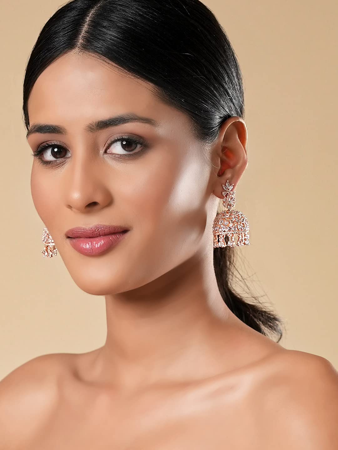 Yellow Chimes American Diamond Earrings for Women Rosegold Plated High Grade Authentic White AD Studded Jhumka/Jhumki Earrings for Women and Girls.