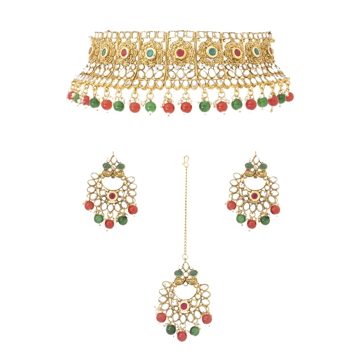 Yellow Chimes Jewellery Set For Women Kundan studded Heavy Choker Set With Dangler Earrings and Mangtikka For Women and Girls