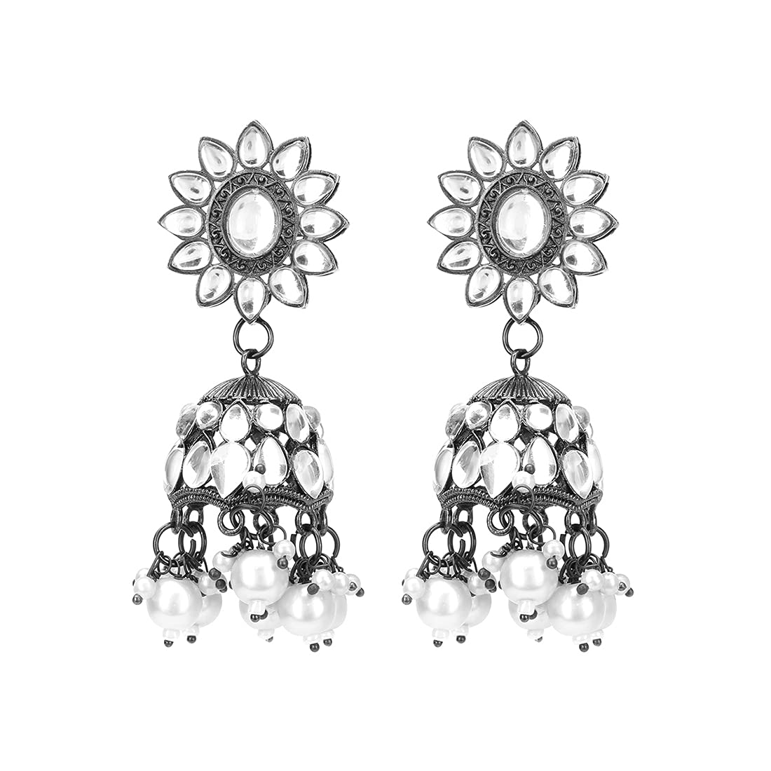 Yellow Chimes Black Gun Plated Flower Design Traditional Stone Jhumka Earrings for Women And Girls, Medium (Model Number: YCTJER-88STFLWJH-WH)