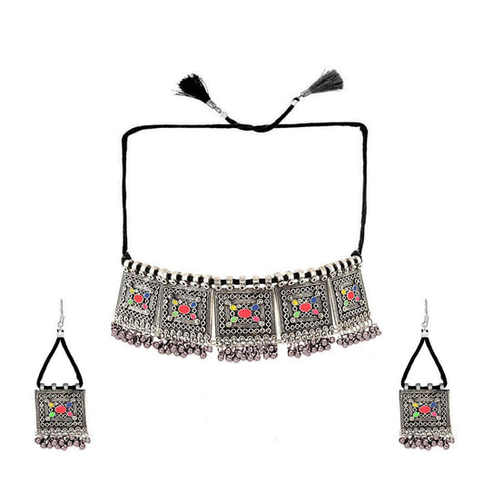Yellow Chimes Oxidised Jewellery Set for Women Silver Oxidised Jewellery Set Afghani Style Ghungroo Threads Choker Necklace Set for Women and Girls.