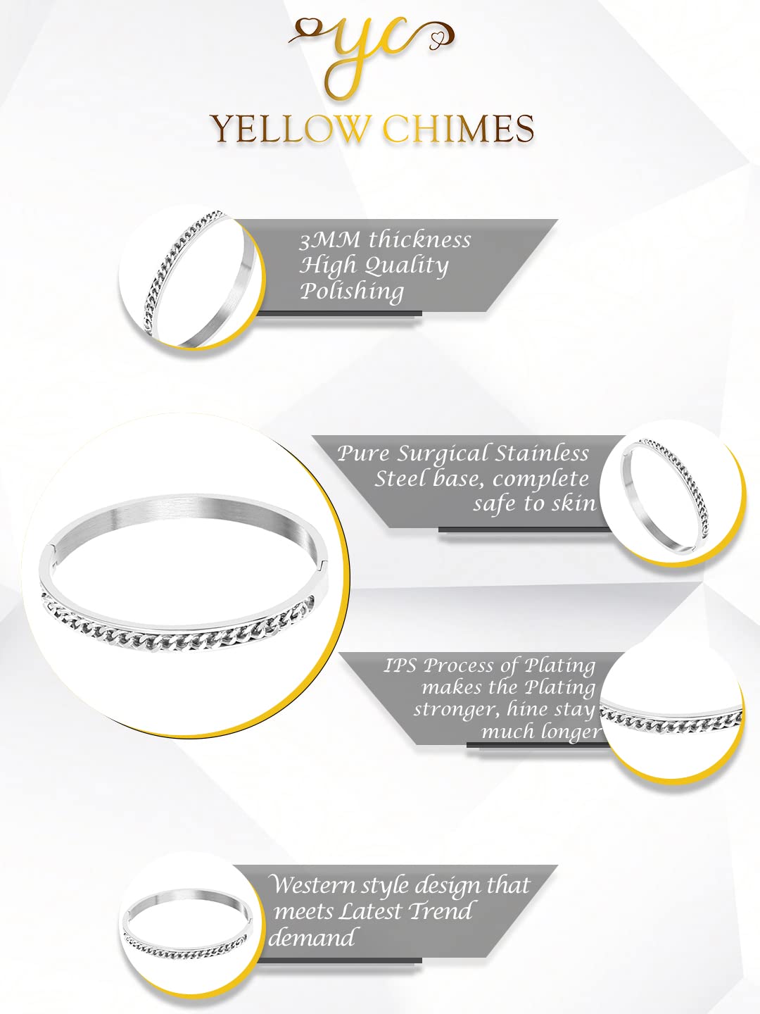 Yellow Chimes Bracelet for Women Stainless Steel Chain Bracelet Silver Toned Bangle Style Kada Bracelet for Women and Girls.