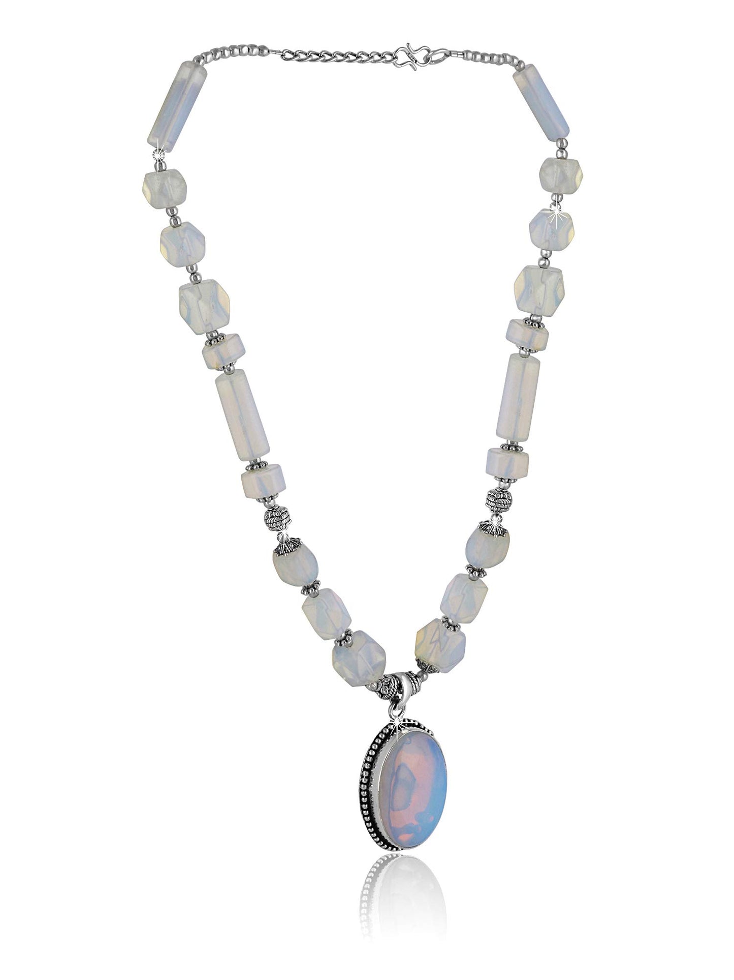 Yellow Chimes German Oxidized Silver Ethnic Moonstone Quartz Beads Beautiful Handmade Designer Necklace Set with Earrings Jewellery Set for Women and Girls (White)