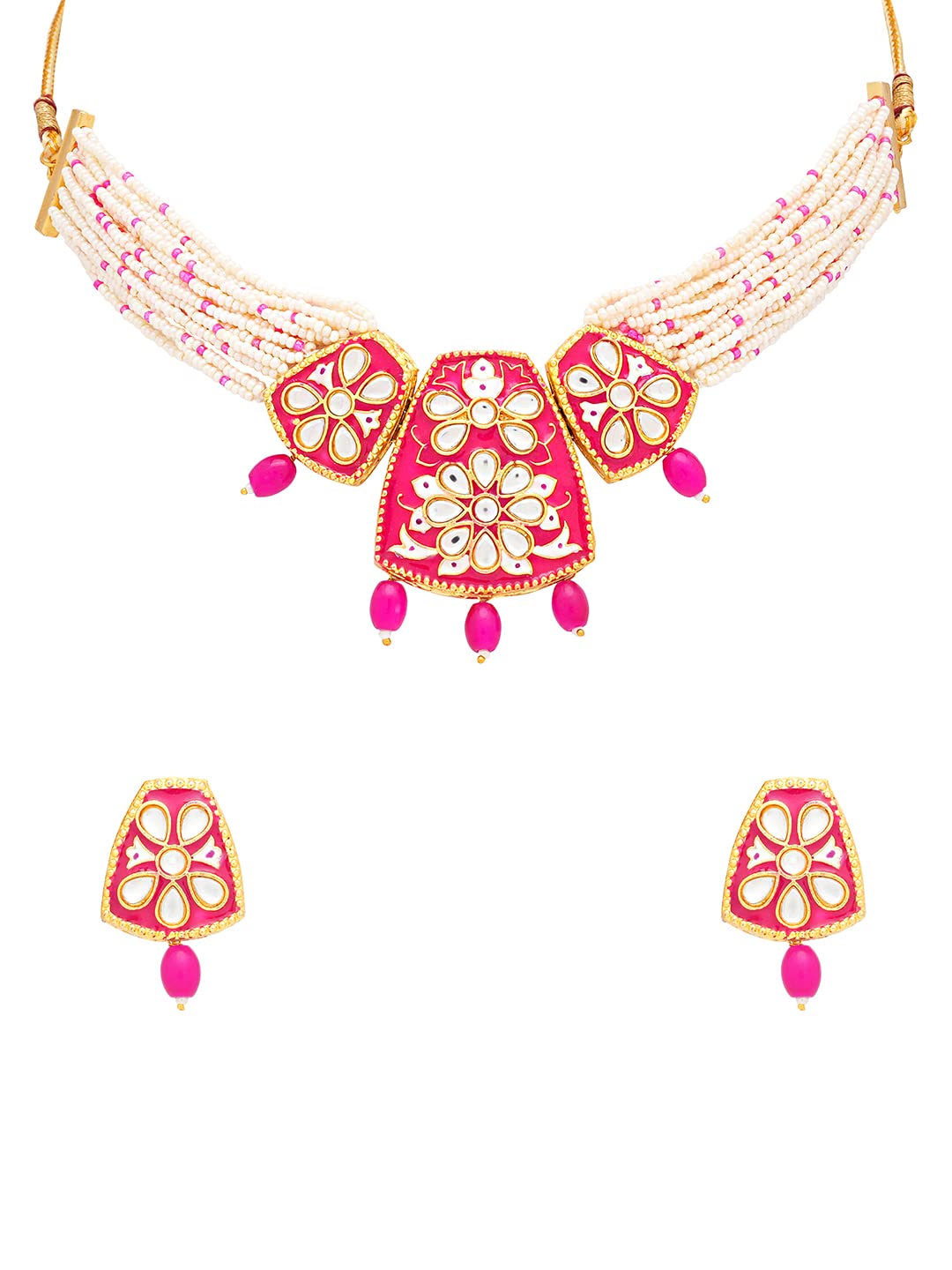 Yellow Chimes Jewellery Set for Women Gold Toned Kundan and Crystal Studded Pearl Drop with Beads Pink Meeanakari Touch Choker Necklace Set with Earrings for Women and Girls