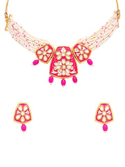 Yellow Chimes Jewellery Set for Women Gold Toned Kundan and Crystal Studded Pearl Drop with Beads Pink Meeanakari Touch Choker Necklace Set with Earrings for Women and Girls