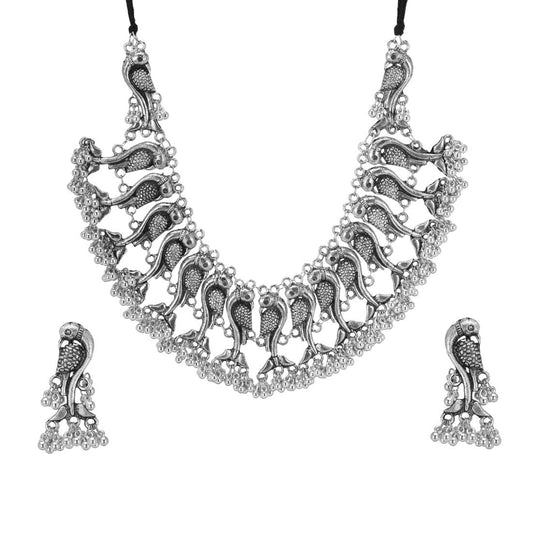 Yellow Chimes Oxidised Jewellery Set for Women Silver Oxidised Jewellery Set Peacock Carved Choker Necklace Set for Women and Girls