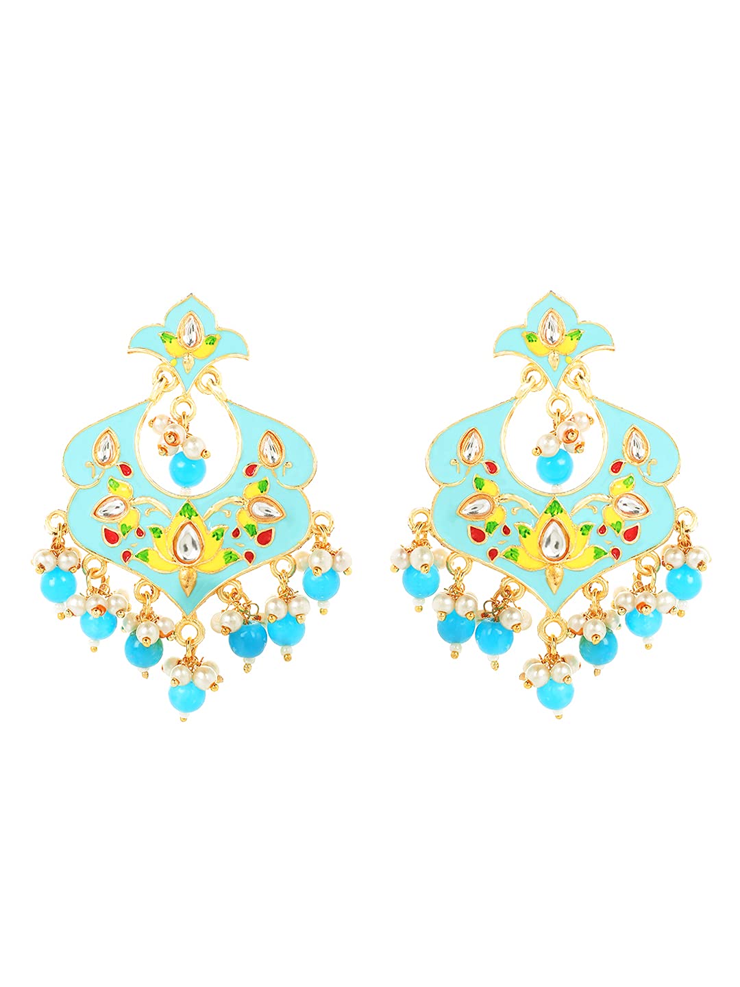 Yellow Chimes Ethnic Gold Plated Traditional Beads Blue Meenakari Floral Design Chandbali Earrings for Women and Girls, Medium (YCTJER-99MNKFLW-BL)