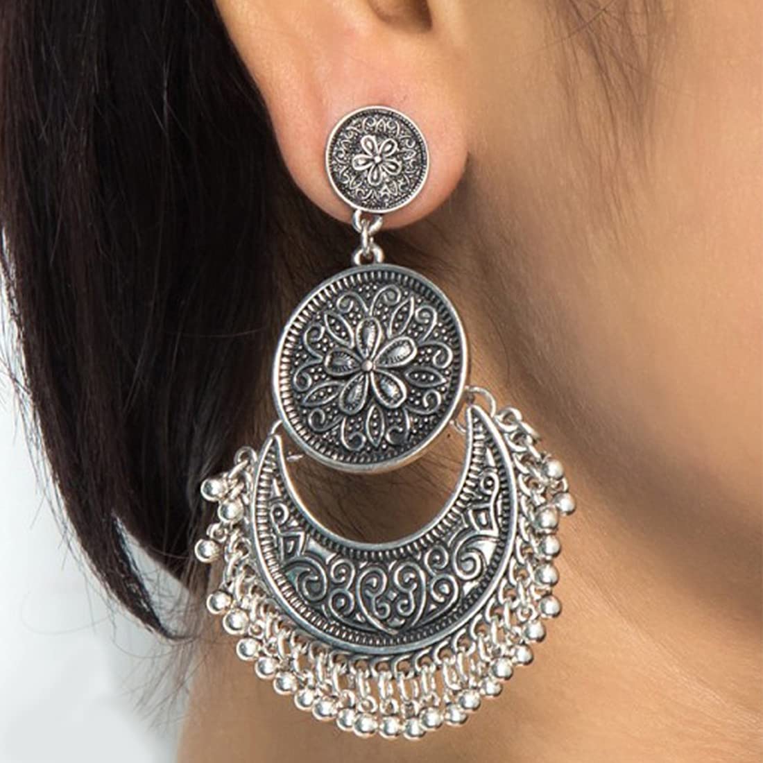 Yellow Chimes Earrings for Women & Girls | Traditional Silver Oxidised Chandbali | German Silver Tribal Muse Collection | Chand Baliyan Earrings | Birthday & Anniversary Gift