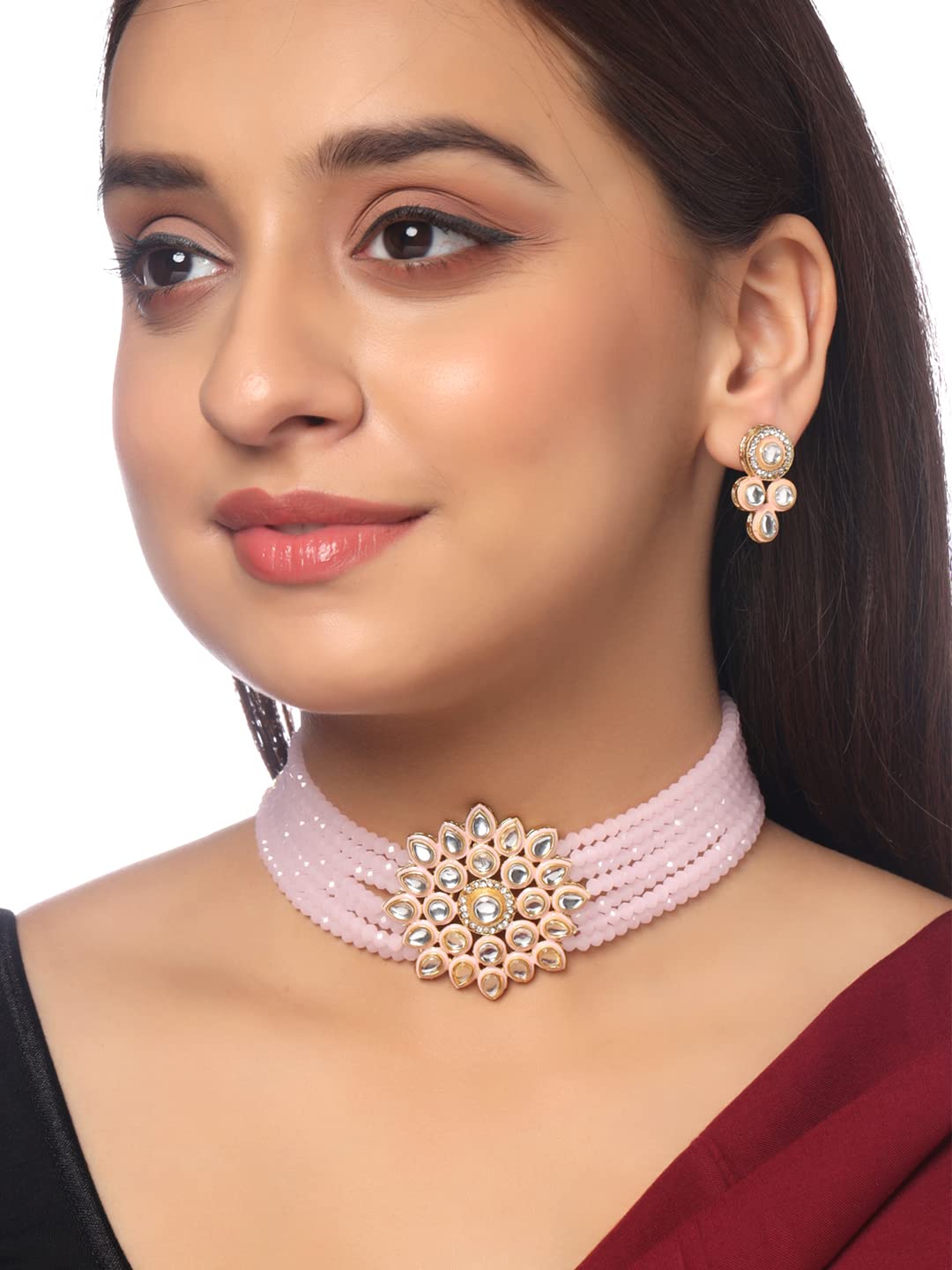 Yellow Chimes Kundan Jewellery Set for Women Ethnic Artificial Beads Pink Floral Traditional Choker Necklace Set for Women and Girls