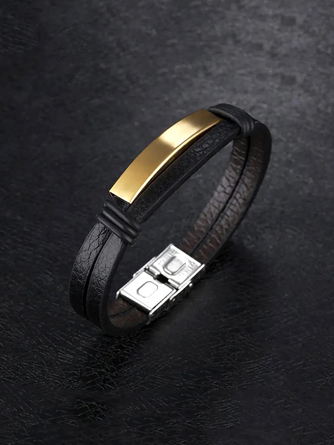 Yellow Chimes Leather Bracelet for Men Stainless Steel Leather Wraps Golden Tag Casual Wear Bracelets for Men and Boys