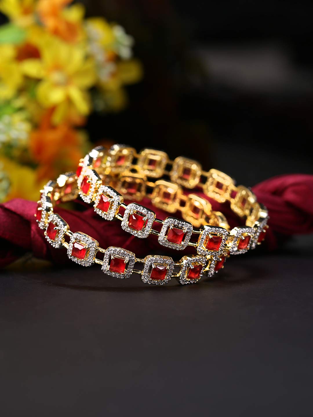 Yellow Chimes Elegant Set of 2 Pcs Pink AD/American Diamond Studded 18k Gold Plated Handcrafted Ruby Bangles for Women & Girls (2.8)