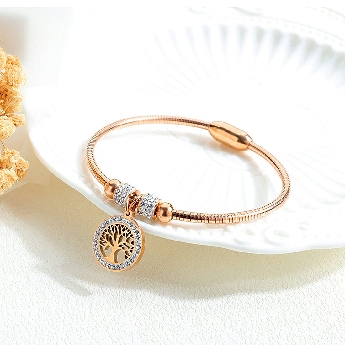 Yellow Chimes Rosegold Bracelet for Women Elegant Stainless Steel Rose Gold Plated Crystal Tree of Life Charm Kada Bracelet for Women and Girls