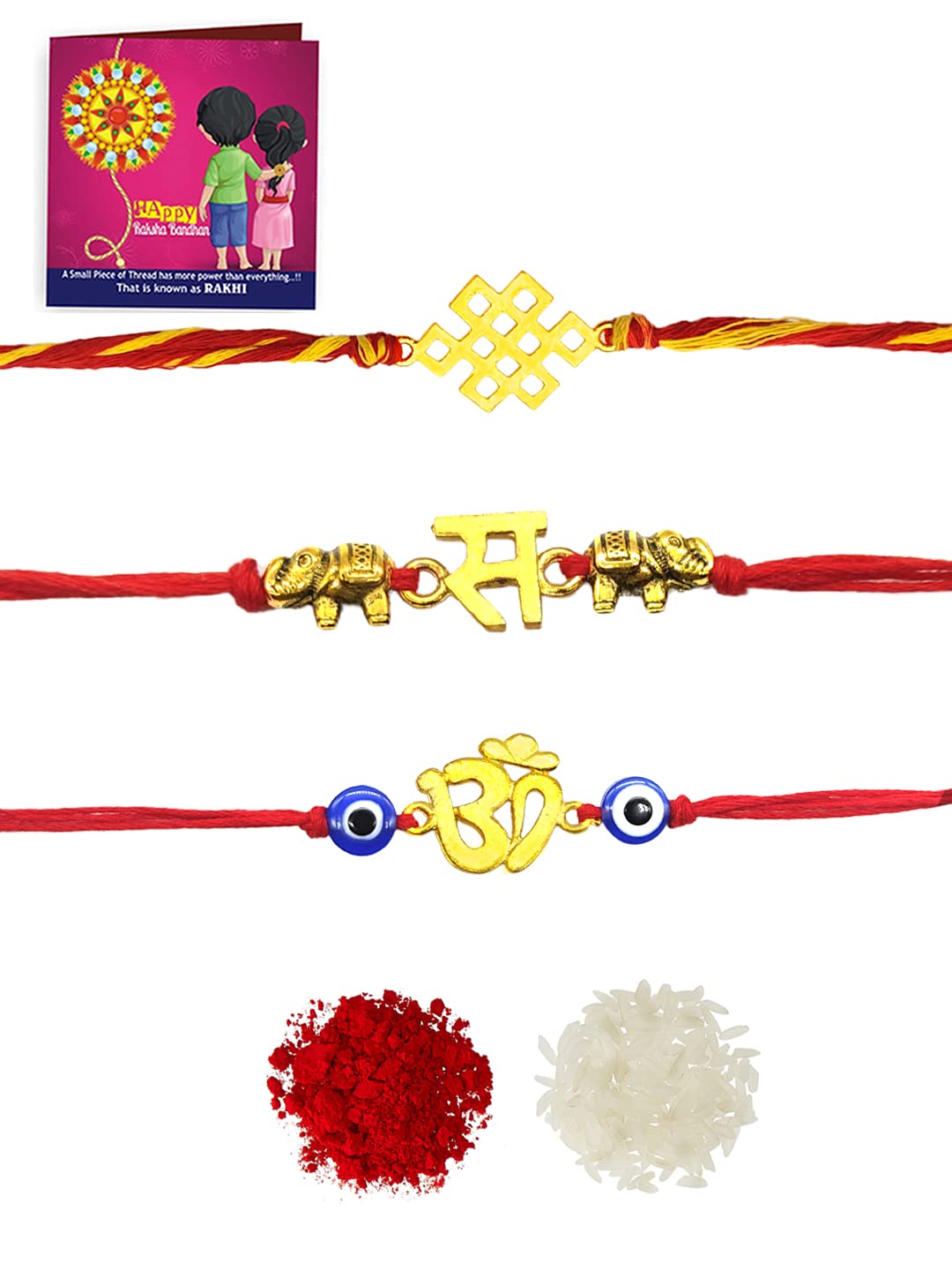 Yellow Chimes Combo of 3 Pcs Handmade Dori Worked Gold Toned OM Initial Letter S and Celtic Design Evil Eye Beads Rakhi for Brother with Roli & Chawal, Red, Gold, Medium (YCTJRK-29BHAY-GL)