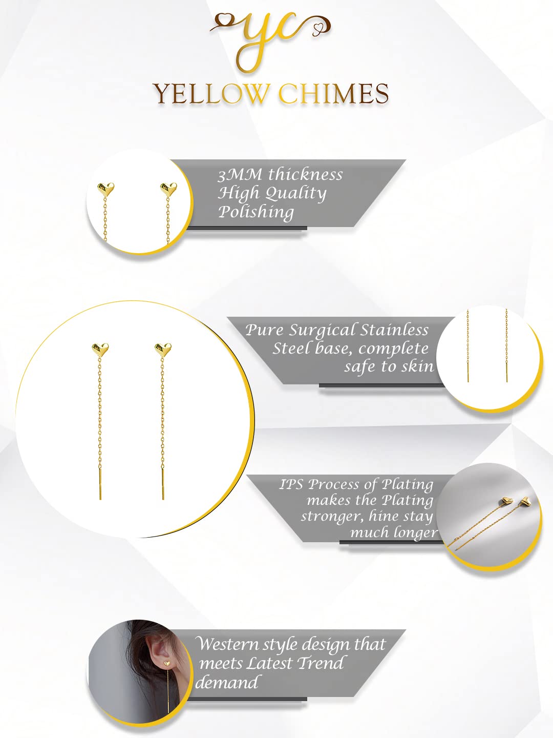 Yellow Chimes Threader Earrings for Women Gold Plated Heart Shaped Long Chain Threader Earrings For Women and Girls