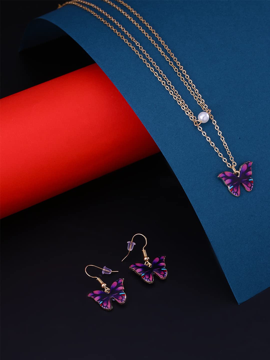 Yellow Chimes Fashion Jewellery Set for Women Gold Plated Purple Butterfly Pendant Set with Drop Earrings for Women and Girls