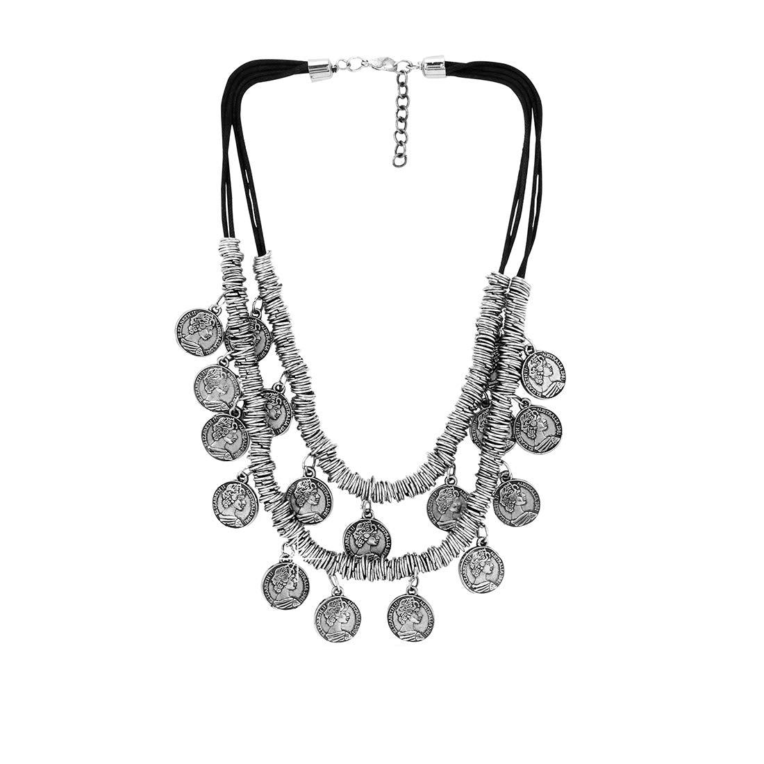 Yellow Chimes Oxidised Necklace for Women Silver Oxidised Crafted Bohemia Gypsy Coins Traditional Layered Necklace for Women and Girls.