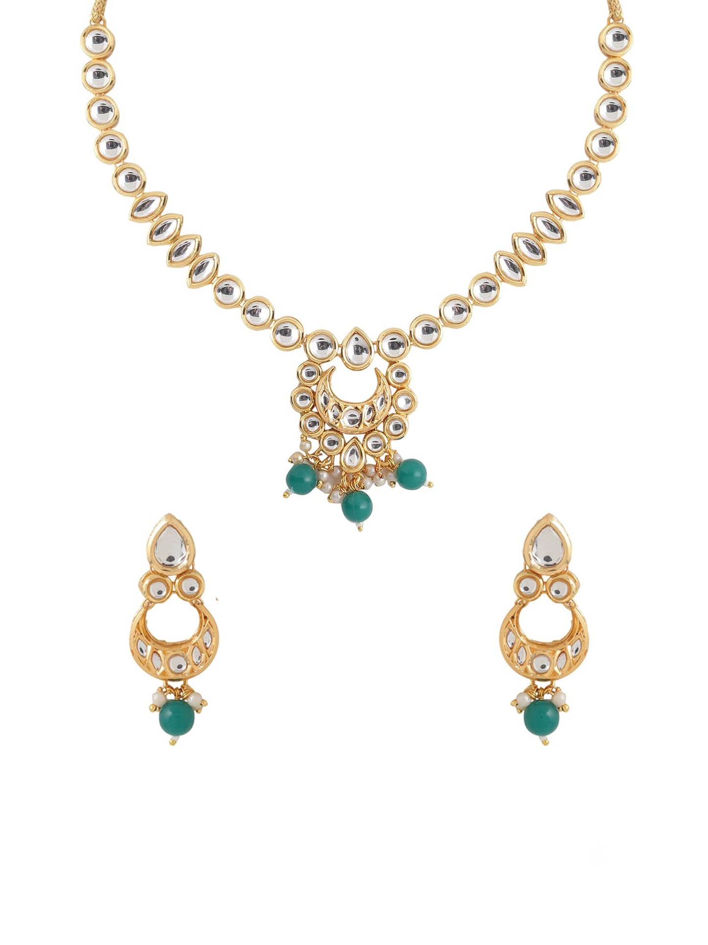 Yellow Chimes Jewellery Set for Women and Girls Kundan Necklace Set Gold Plated Kundan Studded Green Beads Drop Choker Necklace Set | Birthday Gift for girls and women Anniversary Gift for Wife