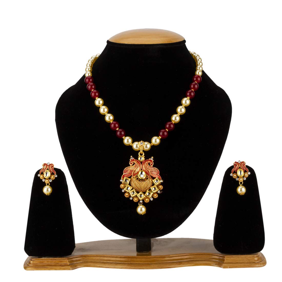 Yellow Chimes Exclusive Traditional Peacock Desaign Pearl Kundan Necklace with Drop Earrings for Women